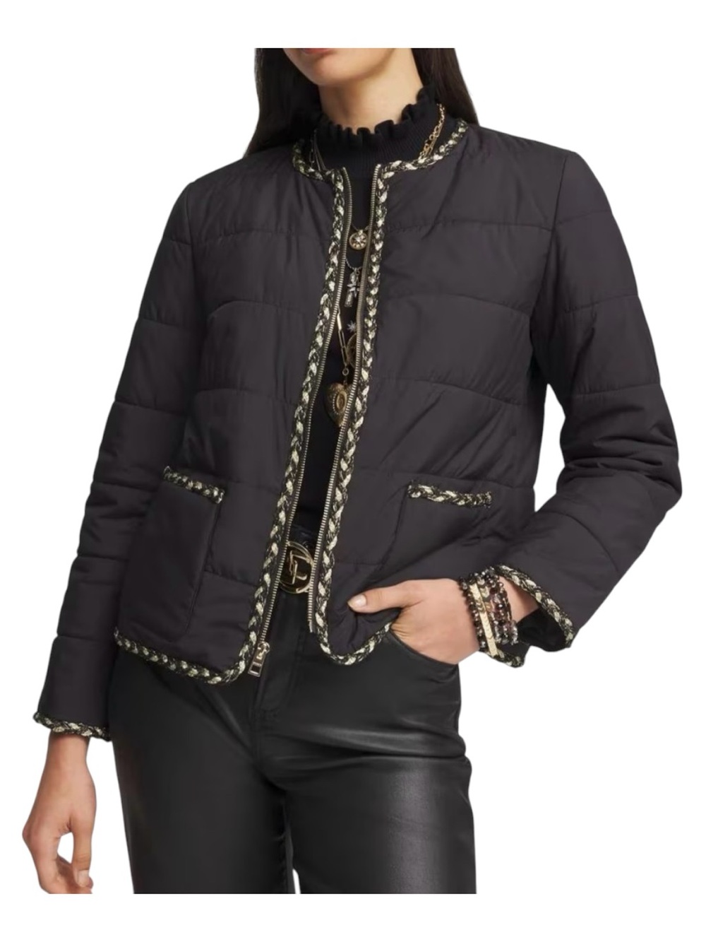 Chico's Black Quilted Puffer Jacket with Gold Braid Trim